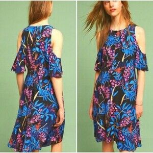 Anthropologie Maeve Ella Floral Print Cold Shoulder Lined Navy Size 10